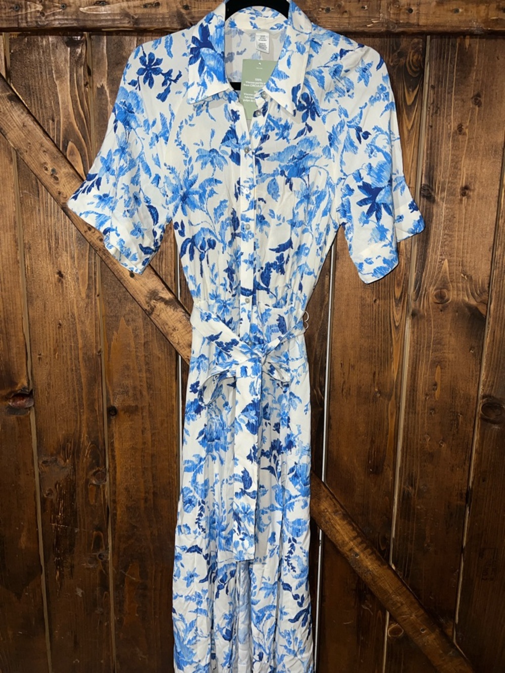 H&M White Maxi Dress with Blue Floral Print and Tie Waist